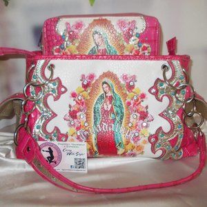 Brand New Black Western Mother Mary Set In Rhinestones And Turquoise Designer